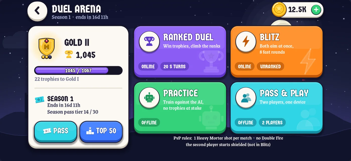 The duel arena with a Gold rank card, Ranked Duel, Blitz, Practice and Pass & Play
