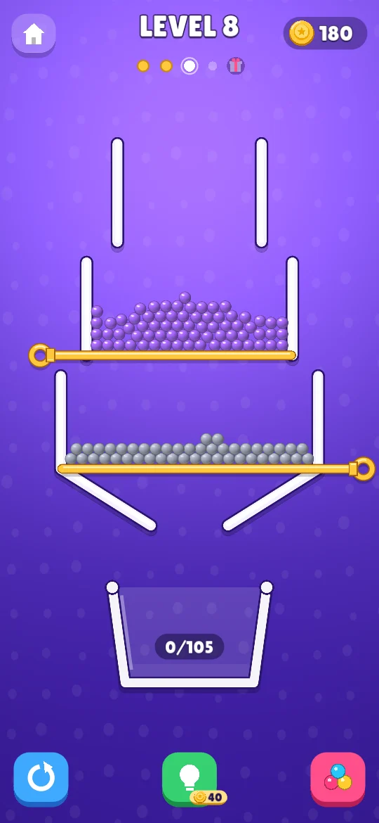 Purple balls waiting above a pile of gray balls, held by two pins